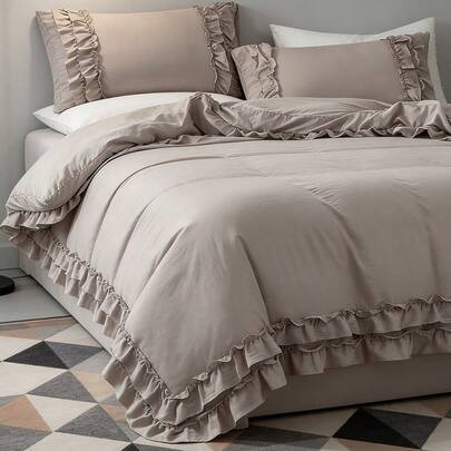 3pcs Bohemian Farmhouse Style Bedding Set, Taupe Ruffled Duvet Cover Set, Soft Microfiber Duvet Cover, Unisex, 1 Duvet Cover, 2 Pillow Shams (No Comforter Included)