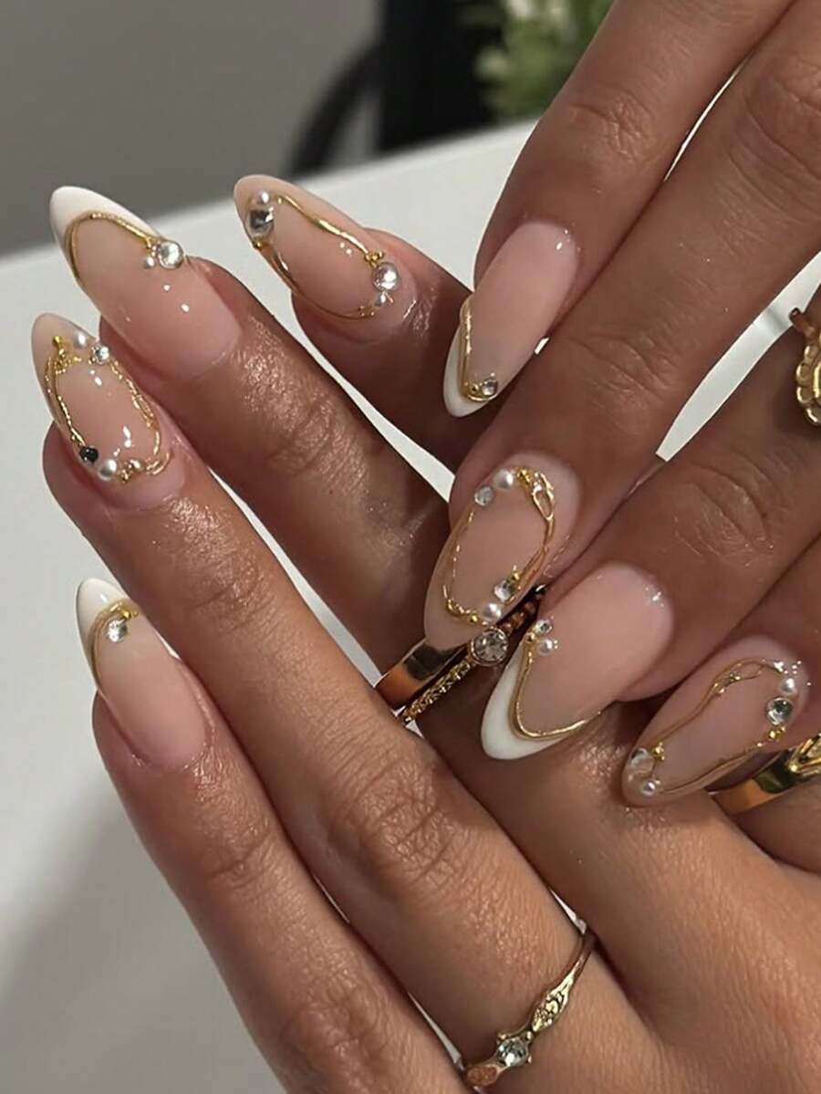 24片/套 优雅白色法式美甲贴纸，饰以奢华金色线条，点缀3D珍珠和水钻，杏仁形，包含甲油胶和指甲锉，适合女孩和女士日常、派对、活动佩戴 - 彩色 - 查看 1