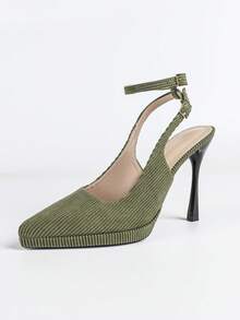 Women's Pointed Toe Thick Sole Backless Sandals With Metal Buckle, Elegant Basic High Heel Shoes For Summer & Autumn - Green - View 17