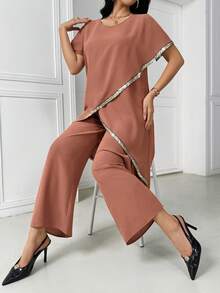 女士休闲度假风亮片饰边裹身不对称下摆长款上衣和阔腿长裤阿拉伯风格服装套装，夏季套装，春假装，情人节装，优雅派对装，生日套装，度假装，春假装 - 卡其色 - 查看 6