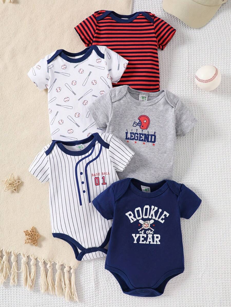 Boys' 5-Piece Jumpsuit Set, Triangle Design, Short Sleeves, Baseball Sports Print, Soft And Comfortable Cotton Jumpsuit, Ideal For Outdoor Activities. - 淺灰色 - 查看 1
