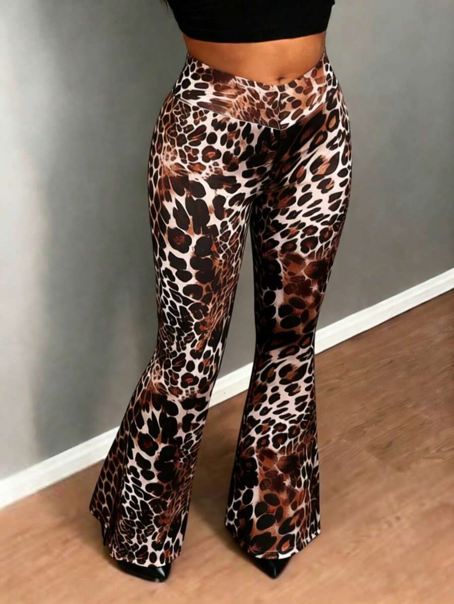 Leopard Print High Waist Flare Pants For Women, High Stretch Slimming Leg Lengthening, Suitable For Fitness, Dance, Outerwear Spring - Multicolor - View 1