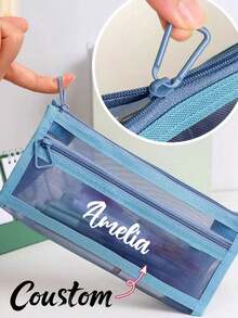 Personalized Customized Name Clear Large Capacity Pencil Case, Fashion Simple Pencil Bag, High Capacity Nylon Mesh Breathable Pen Bag, Exam/Student Stationery Bag, Mesh Pencil Pouch, Simple Student Supplies Box, Back To School, Learning Supplies - Multicolor - View 3