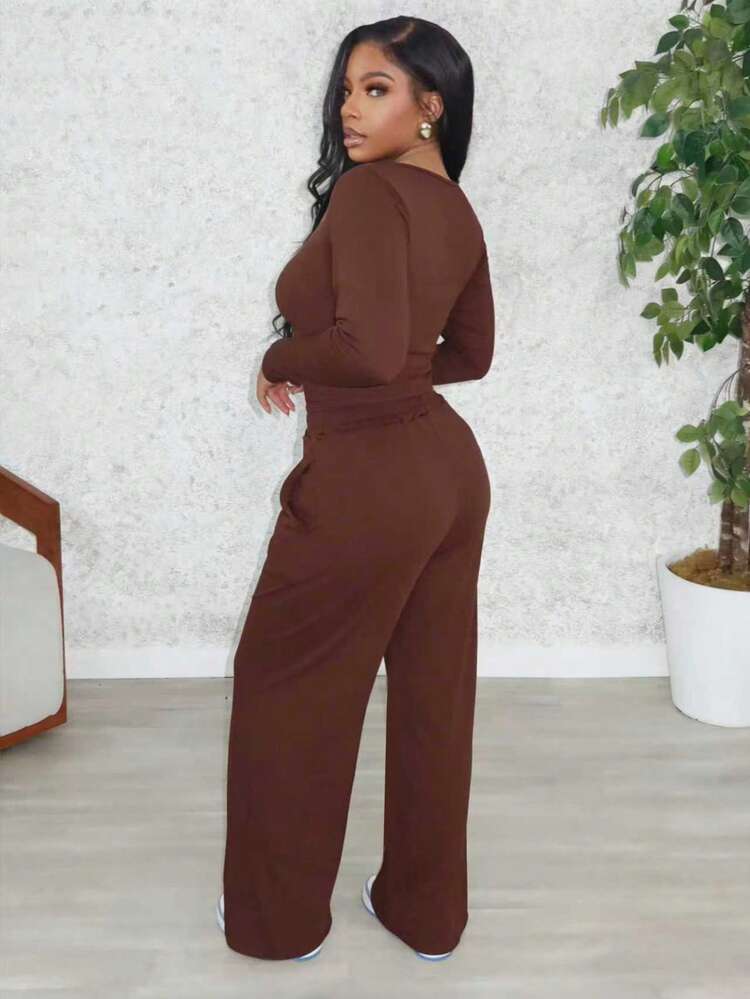 Women's Casual Sports 2 Pieces Set, Spring Season, Boat Neck Long Sleeve Top, High Waist Pocket Straight Leg Pants - Brown - View 3