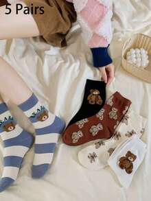 5 Pairs Of Women's Cartoon Bear Mid-Calf Socks,Playful Campus Cute Style, Soft And Comfortable, Suitable For Daily Wear, Home, Commuting, And Sports, All-Season Versatile Long Socks, Easter Gift - Multicolor - View 5