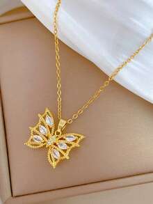 1 Set Stainless Steel Cubic Zirconia Butterfly Pendant Necklace And Earrings Jewelry Set, Versatile Luxury Party Design Necklace Earrings Jewelry, Gift Accessories, No Gift Box - Golden Butterfly - View 3