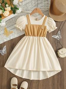Girls' Elegant Summer Dress, Round Neck Puff Sleeve, 2 In 1 Splicing, Teardrop & Irregular Hem Design, Casual Sweet Fashion Girl Dress, Suitable For Daily, Party, Gathering - Khaki - View 1