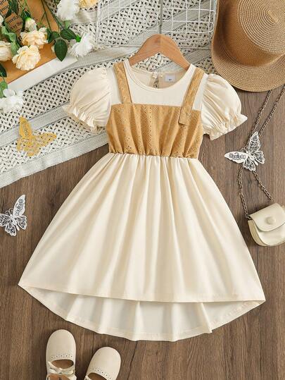 Vestido de verano elegante para niñas, cuello redondo con mangas abullonadas, diseño de 2 en 1 con empalme, bajo con forma de lágrima e irregular, vestido de niña de moda dulce y casual, adecuado para uso diario, fiestas y reuniones