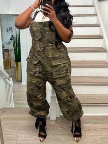 European And American Street Y2K Fashion Women's Clothing Loose Camouflage Overalls With Tapered Pants And Suspenders, No Sleeveless Work Clothes. - Army Green - View 3