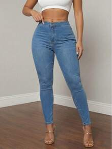 Women's High Waisted Skinny Jeans - High Stretch Slim Fit Denim Pants Snatched Bodycon Jean Streetwear Essentials - 中等水洗藍 - 查看 4