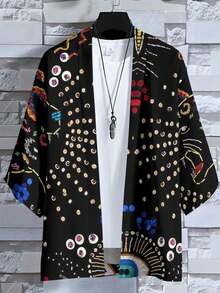 1 Men's Casual Kimono Cardigan. Three-Quarter Sleeves, Open Front, Black Base With Retro Art Gemstone Abstract Pattern, Woven Drape Fabric. A Unique Artistic Style, Versatile Clothing, Kimono-Style Cardigan. - Nhiều màu - Xem 4
