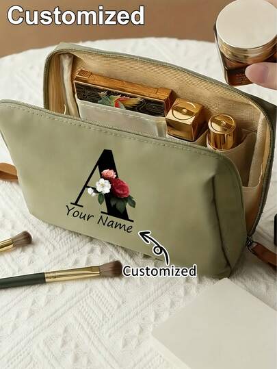 Personalized Cosmetic Bag, Customizable With Name/Text, Elegant Green Floral Pattern Makeup Organizer, Double Zipper Design, Large Capacity, Unisex, With Internal Compartments, Ideal Gift For Birthday, Wedding, Housewarming, Also Suitable For Valentine's Day And Christmas