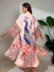 Plus Size Loose Retro Peacock Printed Long Cover Up, Beach Cover Up Kimono Style Swimsuit Outer Wear, Summer - Pink - View 8