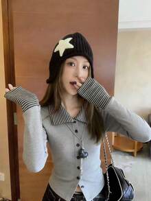 Early Spring Striped Patchwork Fitted Cardigan Top, Women's Turtleneck Long Sleeve T-Shirt - Grey - View 3