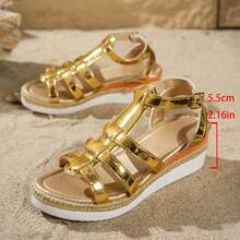 Women's Fashion 2026 Bohemian Style Wedge Thick Bottom Round Toe Adjustable Metal Buckle 5.5CM Rope Bottom Gold Casual Sandals, Women's Retro Adjustable Metal Buckle Gold Roman Shoes, Suitable For Beach, Vacation, Wedding, Daily Wear - Gold - View 11