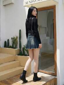 YEAE | YKK 复古蓝高腰百褶 A 字裙 - 深色水洗藍 - 查看 4