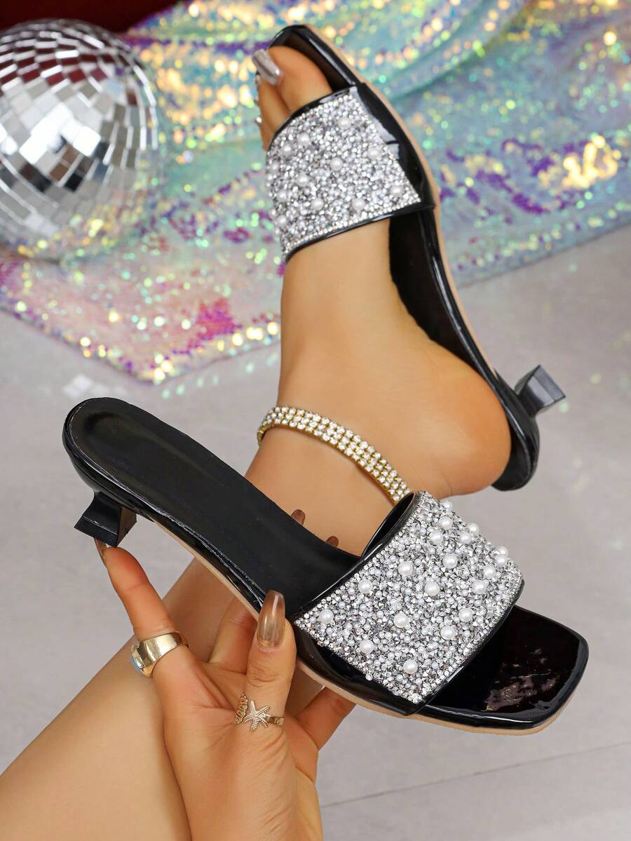 New Fashion Women Faux Pearl Decor Strap Square Toe Kitten Heel Sandals, Versatile High Heel Flip Flops - Black - View 1
