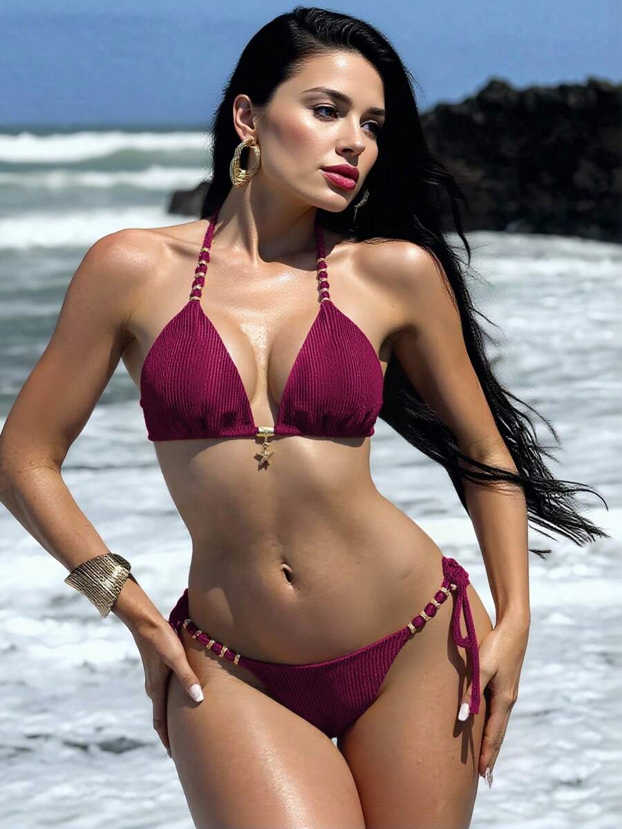 RWX VEST Women's Bikini With Decorative Details And Side Tie 2025 XX367 - 玫瑰紅 - 查看 1