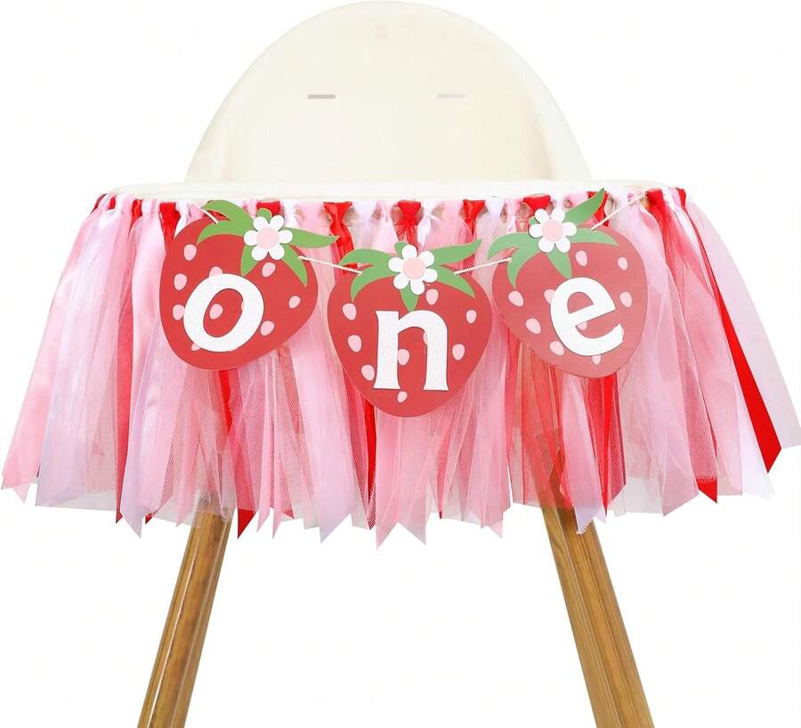Strawberry One High Chair Banner - Berry Sweet First Birthday Party Drations,One Red Strawberry Banner,Sweet 1st Birthday Cake Smash Party Dr,Strawberry Girl Birthday Photo Props - 杏色 - 查看 1