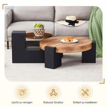 Modern, Simple Round Coffee Table With Two Levels - Transparent Brown Glass Top And Black L-Shaped MDF Legs. The Detachable Design Allows For Flexible Room Use.