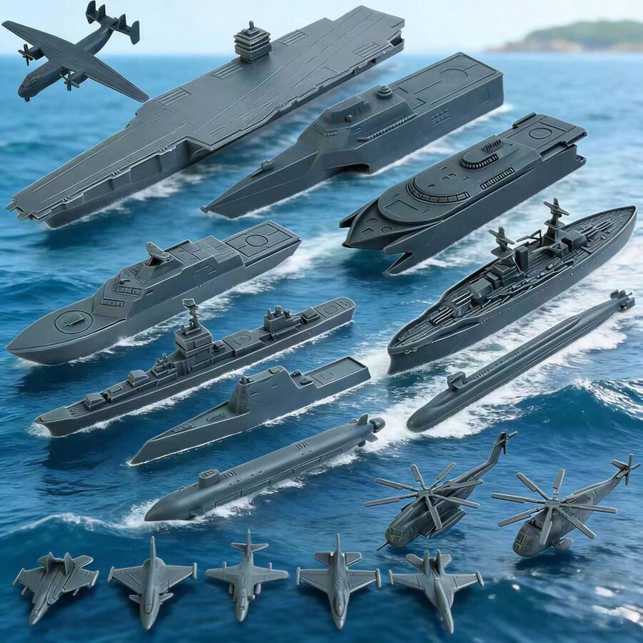 Military Naval Ship Aircraft Carrier Toy Set, Includes Small Model Planes, Destroyers, Battleships And Supply - Black and Gray - View 1