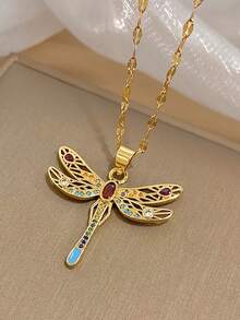 1 Pc Cubic Zirconia 14K Gold Plated Copper Dragonfly Necklace For Women Stainless Steel Chain Necklace Jewelry Gifts Valentine Mother Day - Multicolor - View 8