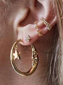 2 件套女士月亮、星星和人体几何镂空耳环，银色金属简约风格，适合派对和节日