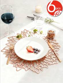 12pcs Gold Flower 15-Inch Round Placemats, PVC, 3.94-Inch Round Hollow Flower Coasters, Washable, Easy Clean, Wipe-Clean, Non-Slip, Heat-Resistant, Suitable For Room Decor, Dining Table Decor, Home Decor, Holidays, Parties, Birthdays, Weddings And Dinners - Multicolor - View 24