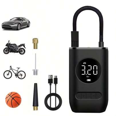 便携式轮胎充气泵，无线电动充气泵，带LED灯，USB充电，锂电池供电，手持式设计，适用于汽车、自行车、运动器材 - 无线