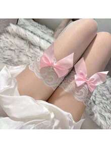 1 Pair Pink Long Stockings Popular Royal Sister Skin Translucent Black Silk Thin Lace Lace Butterfly Over The Knee Stockings - 粉色 - 查看 3