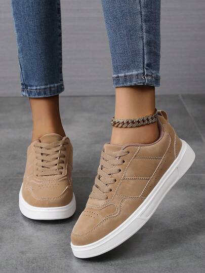 Zapatillas de mujer de caña baja, zapatos casuales de tablero, zapatos deportivos, zapatos de estudiante, diseño de color block de moda con cordones, transpirables y suaves, adecuados para todas las estaciones