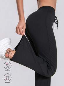 Women's Casual Flare Sweatpants, Solid Color, Drawstring Waistband, Elastic Waistband, Comfortable And Fitted, Suitable For Outdoor Activities And Gym Workouts - Black - View 1