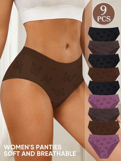 MEIYATING 9pcs/Pack Women Seamless Jacquard Low Waist Comfortable Panties, Fashion Print