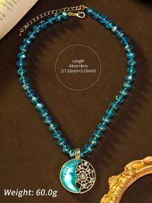 1件复古多层月亮脸、蜘蛛网、几何圆形吊坠优雅长项链，适合女性日常、派对、送礼、舞会配饰 - 藍色 - 查看 4