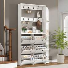 120 X 24 X 200 Cm, Entryway Coat Rack, 3-In-1 Multifunctional Shoe Cabinet, Hinged Door, 8 Hooks, Compact Coat Rack, Living Room Cabinet With 5 Shelves, White - White - View 7
