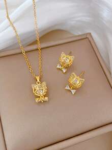 1 Set Stainless Steel Cat & Bow Pendant Necklace And Earrings Jewelry Set, Fashionable Luxury Design Necklace And Earrings Jewelry, Delicate Gift Accessories, No Gift Box