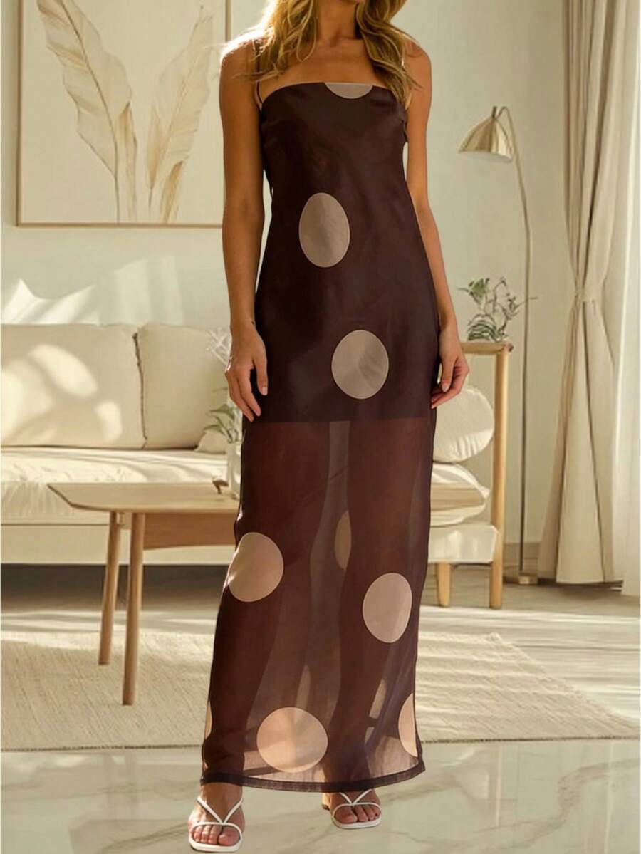 Women Long Dress Dot Print Mesh Spaghetti Strap Cami Dress Summer Fashion Sleeveless Dress Women's Cream  Black Oversized Polka Dot Satin Spaghetti Strap Sheer Maxi Dress - Chic Elegant Fabric Stylish Versatile Party Evening Wear(S-L) - 棕色 - 查看 1