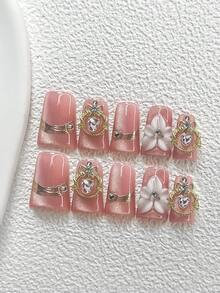 10 Stücke romantische elegante Nagel-Aufkleber, rosa Glitzer-Nagelfolien mit glänzendem goldenem Anhänger, dekoriert mit rosa Strass und handgefertigten weißen 5-Blüten-Blumen. 3 Stile erhältlich: mandelförmig, quadratisch, Entenschnabel. Enthält Werkzeugsatz (1 Gelee-Aufkleber + 1 Nagelfeile). Geeignet für Frauen und Mädchen, für tägliche Fotos, Partys, Hochzeiten Nägel - Verschiedenfarbig - Übersicht 17