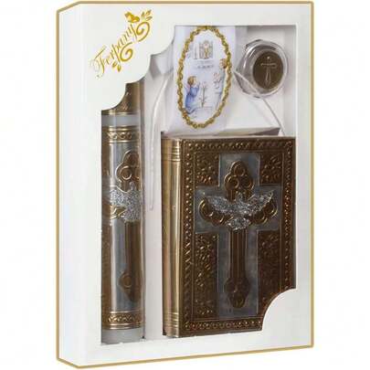 Kit Primera Comunion Repujado Espiritu Santo Biblia, Vela, rosario,39541806