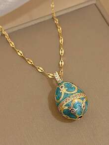 1件18K镀金绿/蓝珐琅镂空彩蛋吊坠不锈钢项链，女士多色奢华珠宝，适合复活节、情人节、派对、晚宴、日常佩戴、约会、狂欢节、新年、婚礼、海滩、圣诞节、周年纪念日、优雅妈妈礼物、波西米亚风珠宝、生日礼物、伴娘礼物 - 彩色 - 查看 2