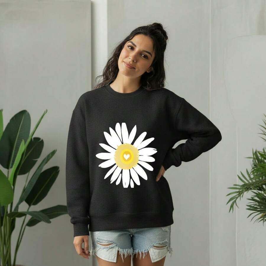 Sudadera de cuello redondo para parejas Flor de Margarita con Centro en Forma de Corazón 220g de algodón puro, modelo holgado y convencional Adecuado para todas las estaciones Puede usarse para el desplazamiento diario, hacer deporte y estar en casa impresión - Negro - Ver 1