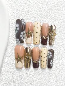 10pcs Elegant Retro Nail Art Stickers, Steel Ball Heart Nail Accessories, Small Heart Pattern Decor, Deep Red Nail Polish, 3 Styles Available: Almond, Square, Duck Mouth Nail Stickers, Includes Tool Kit, Suitable For Women & Girls For Daily, Party, Valentine's Day, Important Occasions Handmade Press On Nails - 彩色 - 查看 13