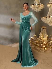 Faeriesty Đầm dạ hội nữ trang trọng, cổ đính kim cương, thiết kế bất đối xứng, xẻ cao, đầm nhung ôm dáng thanh lịch, thích hợp cho tiệc kỷ niệm, sự kiện sang trọng, tiệc lớn, thảm đỏ, lễ đón năm mới. - Màu xanh Bạc hà - Xem 6