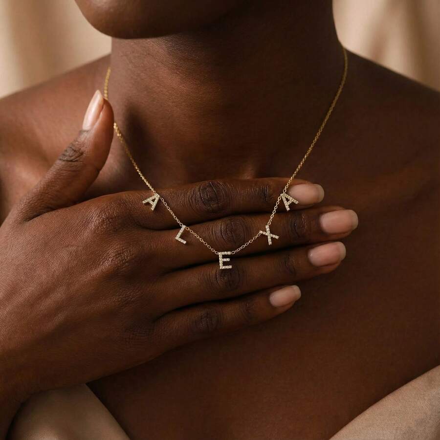 Customized Letter Cubic Zirconia Necklace - Personalized Letter Name Pendant With Synthetic Cubic Zirconia, Stainless Steel Minimalist Gold Chain, Elegant Daily Wear Gift For Women, Mother's Day Gift - Multi-color-diamond - View 1