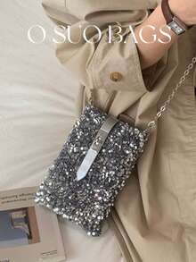 1pc Mini PVC Sequin Shiny Bucket Bag, Metal Chain Decor Glitter Ladies Party Clutch Purse, Fashion Gift Bag, Suitable For Women Party And Evening Wear - Silver - View 7