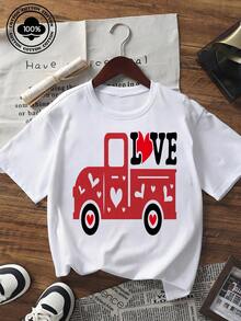Valentine's Day Women's Short Sleeve T - Shirt Casual Crew Neck Black Tee With Red Truck & Heart LOVE Graphic Print Loose Fit Top For Romantic Dates Holiday Outfit  Streetwear Fashion Basic Top - White - View 6
