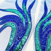 2 Pcs Royal Blue Gold Sequin Lace Fabric Embroidered Gown Appliques Noble Sexyys Collar Sew Patches For DIY Wedding Dress Décor (Blue) - Blue - 查看 4