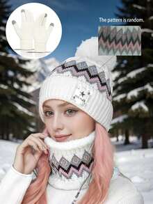 3-delars set: Stickad mössa med bokstavsmönster, fleecehalsduk och helfingervantar, varm vindtät stickad vintermössa för unisex, tjock fuzzyhalsduk och jacquardvantar, lämplig som julklappar - Multifärgad - Visa 12