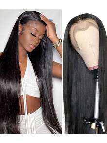 真人发蕾丝前假发 13x4 直发蕾丝前假发 高清透明 200% 密度 无胶假发 预先拔毛 带婴儿发 - Natural Black - 查看 4