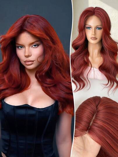 Röd peruk med tonade vågor och luggfrisyr, 61 cm, lämplig för kvinnors jul, halloween, musikfestivaler, fester och dagligt bruk